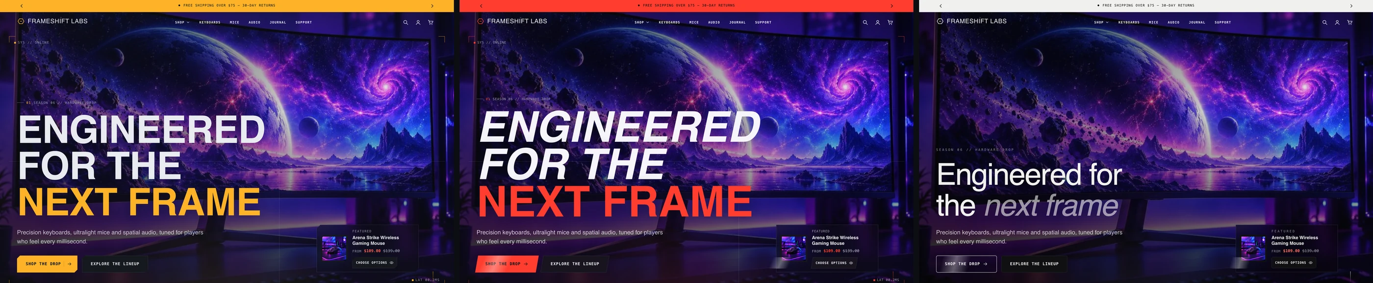 Frameshift, Arena and Void presets side by side
